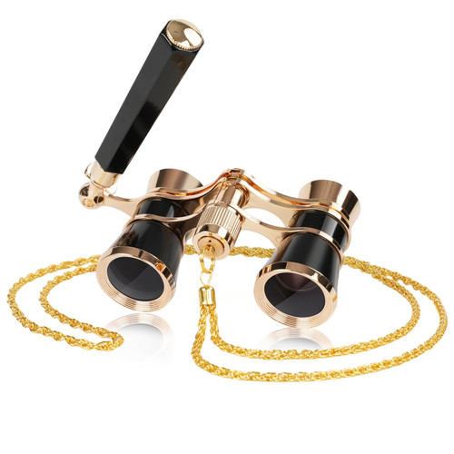 3X25 Opera Glasses for Women with Retractable Handle & Exquisite Gold Chain, Mini Compact Binoculars for Theater Black