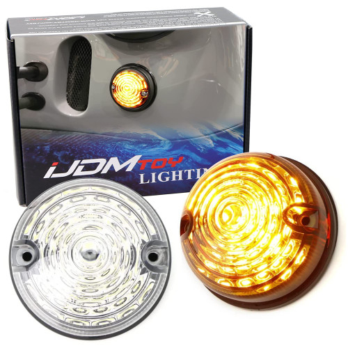 iJDMTOY 12V 70mm Round Dome Shape Flush Mount Clear Lens Amber Yellow LED Side Markers/Turn Signal/Reverse Backup Lamps, Compatible With Classic 50s 60s Car Caravan Truck Motorcycle, etc