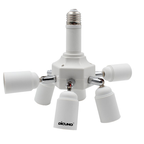 DiCUNO Light Socket Splitter 7 Way Adapter, 7 in 1 E26 Socket Converter, 6+1 Splitter Bulb Lamp Holder 360 Degrees Adjustable 180 Degrees Bending