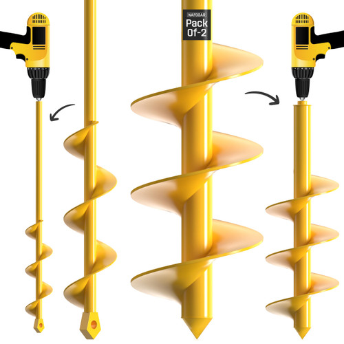 NAFOGAR Garden Auger Drill Bit for Planting - Pack of (2) - 2”x14.5” & 3.5”x16” – Garden Spiral Hole Digging for Planting, Bulbs, Bedding Plants & More - Compatible with 3/8 Inch Hex Drive