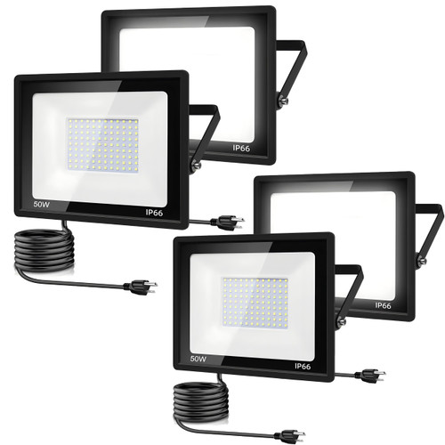 garageangle 4Pack LED Flood Light Outdoor,50W LED Work Light 5500lm with 6FT US Plug,IP66 Waterproof Exterior Security Lights,6000K Daylight White Outside Floodlights Slim Design for Playground Yard