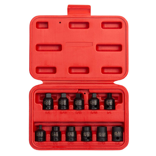 SUNEX TOOLS 3841, 3/8 Inch Drive Pipe Plug Socket Set, 11-Piece, SAE, 7/16" - 5/8", Cr-Mo Steel, Tapered Male Square Drive, Chamfered Female Square Drive, Heavy Duty Storage