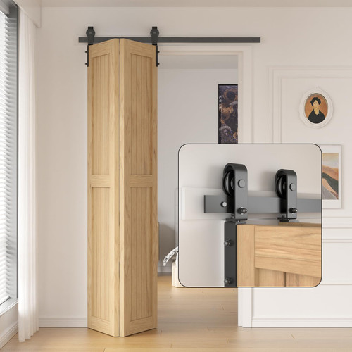 TOIMIOTOIM 52" Bi-Folding Sliding Barn Door Hardware Kit,4.3FT Heavy Duty Track Roller Kit for Max 24" x 2 Doors,Smoothly and Quietly,Easy to Install,No Door Panel,Black