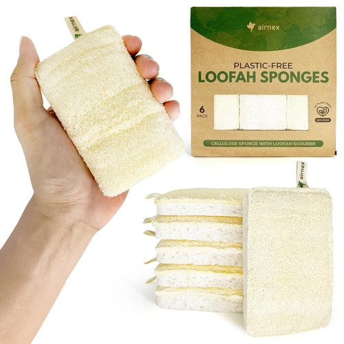 AIRNEX Natural Loofah Sponges for Dishes - Pack of 6 Plastic Free Loofah Kitchen Sponges with Cellulose Core & Cotton Loop - Non Toxic Natural Sponges for Dishes & Kitchen Cleaning
