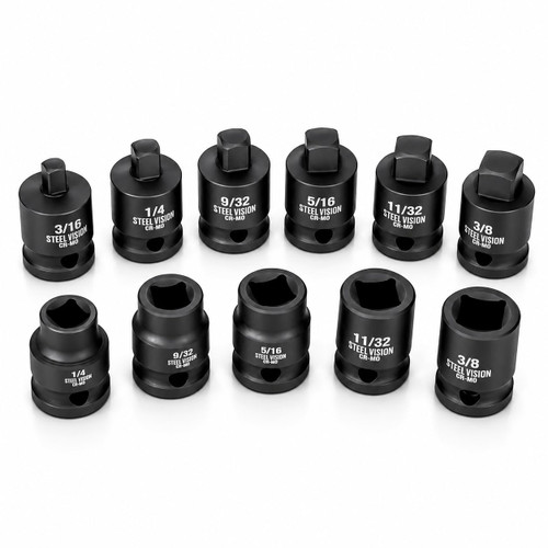 Steel Vision Tools 11-Piece 3/8-inch Drive Pipe Plug Socket Set, SAE, Tapered Male Square Drive, Chamfered Female Square Drive, for Drain Fill Plugs, Transmissions, Oil Pans, Differentials, Cr-V Steel