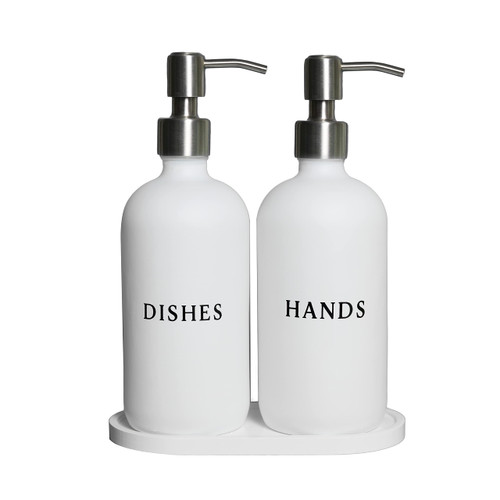 RM Home White Glass Hand and Dish Soap Dispenser Set - Modern Farmhouse Sink Accessories - 16 oz Kitchen Sink Set With Tray, Stainless Pumps & Funnel