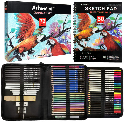 Artownlar 72 Pack Drawing Sketching Set with 8x11 Sketchbook | Pro Art Supplies Kit for Artist Adults Teens Beginner | Graphite Charcoal, Watercolor & Metallic Colored Pencils in Gift Case. Artownlar 72 Pack Drawing Sketching Set with 8x11 Sketchbook | Pro Art Supplies Kit for Artist Adults Teens Beginner | Graphite Charcoal, Watercolor & Metallic Colored Pencils in Gift Case.