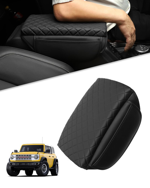 TBHOO for Bronco Center Console Armrest Cover 2026 2025 2024 2023 2022 2021 Bronco Accessories Black with Pockets Upgrade Arm Rest Pad Console Cushion Lid