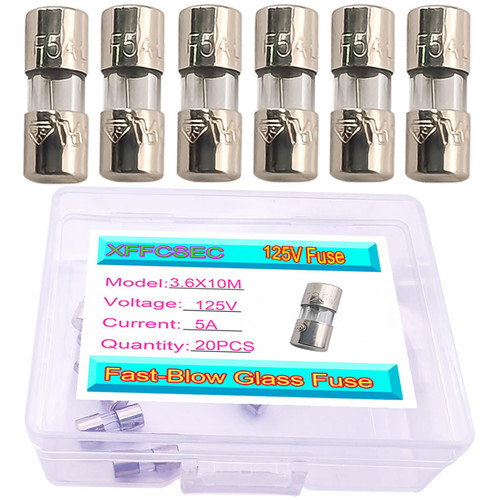 20PCS Mini Fuse 3.6x10 mm 5 A 5 amp 125 V 125 Volt 0.14x0.39 Inch F5AL Fast Blow Glass Fuses for Fan Plug and Micro String Lights,PCB,C9,C7,G40,Safety Plugs