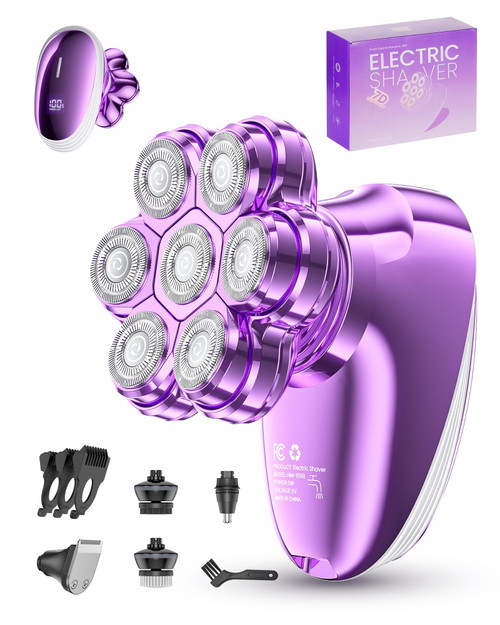 5-in-1 Electric Razors for Women, 7D Magnetic Heads Full Body Shaver, Waterproof Wet Dry Hair Remover with LED Display, Rechargeable Bikini Trimmer for Underarms, Face, Legs, Lips, Arms (Purple)