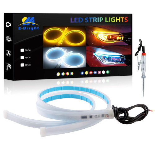 YM E-Bright Led Strip Lights for Cars, SUV, Motorcycle Daytime Running Lights Turn Signal Bulb DRL Sequential Switchback Led Strip Amber/Yellow & White (2Pcs 60CM/24 Inch)