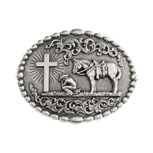 M&F Western Products Products Nocona Silver Oval Buckle with Beaded Edge, Cowboy at Cross and Horse Motif, 3-1/8" x 3-7/8"