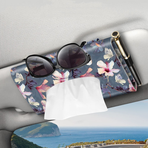 CaseBot Car Visor Tissue Holder, Sun Visor Napkin Holder, Mask Holder for Car, PU Leather Backseat Tissue Box for Truck SUV, Blooming Hibiscus