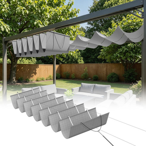 SunnyRoyal 4'x12' Retractable Pergola Shade Cover Wave Sun Shade Sail Replacement Canopy Cover with Hardware for Outdoor Patio Porch Yard Garden (Light Grey)