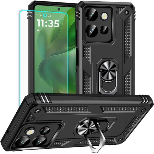 for Motorola Moto G Power 2025/Moto G Power 2026/Moto G Play 2025 Case with Screen Protector - Military Grade Protective Cases with Finger Ring Holder Kickstand(Black)