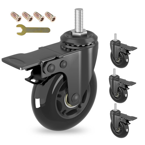 MALLLALA 3" Swivel Caster Wheels with Imperial 5/16"-18 Threaded Stem,Set of 4,Heavy Duty Threaded Stem Casters with Safety Dual Brakes,Load Capacity 150lbs Per Castor for Cart,workench,Furniture