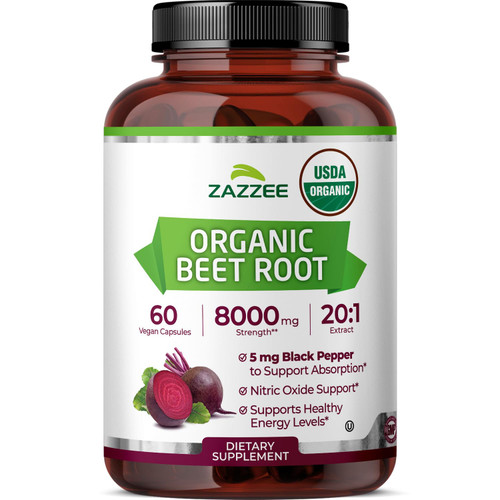 Zazzee USDA Organic Beet Root 20:1 Extract, 60 Vegan Quick Release Capsules, 2 Month Supply, Nitric Oxide Support, Black Pepper Extract for Enhanced Absorption, Certified Kosher, Non-GMO, Made in USA