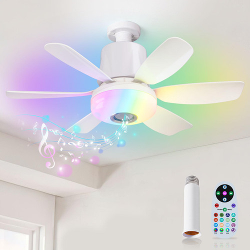 Flarouch 4 in 1 Socket Fan Light with Remote, 18.5 inch Small Ceiling Fans with Dimmable Led Light, Bluetooth Speaker, 3 Colors, 3 RGB Mode, 3 Fan Speeds, Screw in E26 Base for Bedroom Kitchen -White
