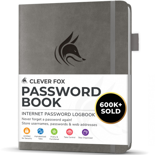 Clever Fox Password Book with alphabetical tabs. Internet Address Organizer Logbook. Small Pocket Password Keeper for Website Logins (Gray)