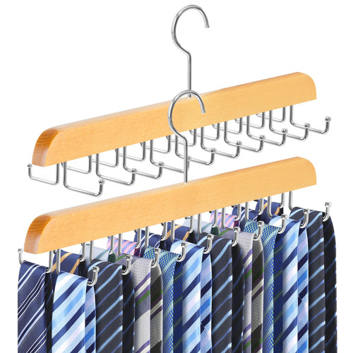 2 Pack Tie Rack Belt Hanger for Closet Fitnice Upgraded Non Slip Tie Hanger Space Saving with 20 Foldable Hooks Wooden Belt Tie Organizer for Tank Tops Bras Cami Scarves