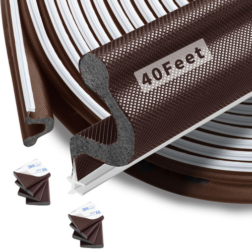 SILIENTWERK 40 Feet Kerf Door Weather Stripping Seal With 8 PCS Corner Seals, Long Reach V-Shaped Strip for Frame Insulation and Soundproofing Large Gaps (Brown)