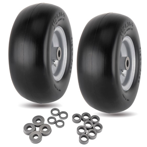 11x4.00-5 Lawn Mower Tires Flat Free Tire and Wheel 2 Pack Universal Fit 11x4-5 Flat Free Tire with Rim, 3.4"-4"-4.5"-5" Centered Hub, 3/4" or 5/8" or 1/2"Bushings