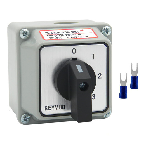 KEYMOO 20A Rotary Changeover Switch with Box, 660V 4 Position 2 Poles 8 Terminals, Blue Universal Selector Switch with Fork Terminals, IP65 (4 Positions 2 Poles - Blue)