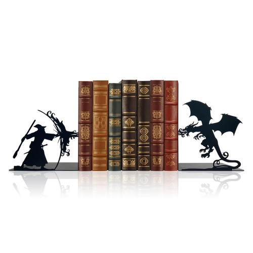 Lord Decorative Bookends - Epic Fantasy Dragon & Wizard, The Rings Book Ends for Home Library & Office Decor, Fantasy Inspired by Lord Dragon Bookends, Unique Lord Gift for Fans (Matte Black, Large)