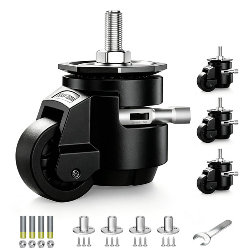 ANDUTEES Leveling Casters Set of 4, Heavy Duty Workbench Stem Caster Wheels with T-Nuts, Adjustable Retractable Swivel Industrial Castors with Ratchet Handle, Load 4400 Lbs (Stem Size 1/2" and M12)