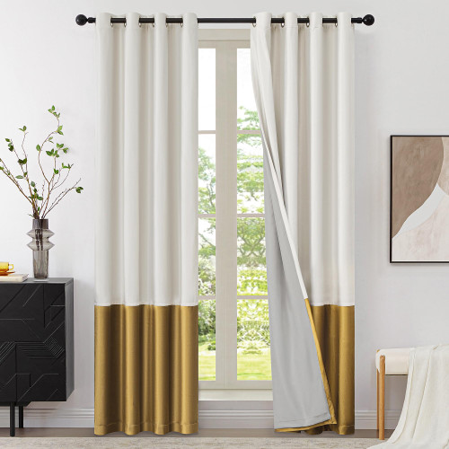 BULBUL Cream 100% Full Blackout Velvet Curtains,90 inches Long Ivory Gold Modern Liner Curtains Thermal Drapes Panels for Living Room Bedroom Grommet Set of 2