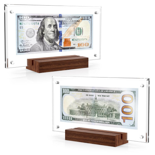 PONNOR Dollar Bill Frame,Acrylic Currency Display Holder with Black Walnut Base Clear Paper Money Frame for Collectors Ticket Protector Photos Display Case,7.8 * 4.1inch（2PCS）