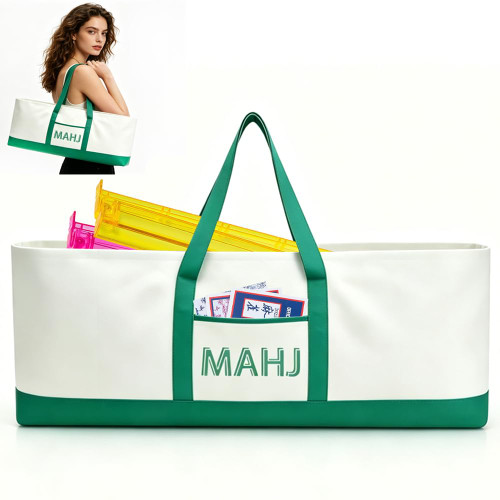 Large American Mahjong Canvas Carry Bag, 33.4 x 13.7 x 4.7 Inches Spacious Mahjong Bag for Tiles, Racks, Game Mats & Gaming Accessories, Portable Travel Organizer Gift for Mahjong Players (Green)