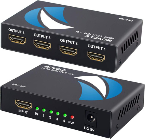 Movcle HDMI Splitter 1 in 4 out Full Ultra HD 1080P 4K/2K 1X4 Port Box Hub with US Adapter v1.4 Powered Certified for 3D Support