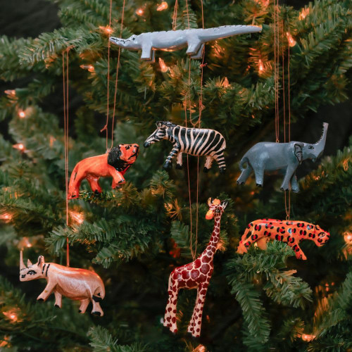 Painted Wood Safari Animals Ornament Set of 7 Painted Wood Safari Animals Ornament Set of 7