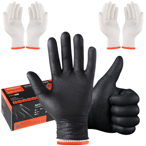 ANBOSON BBQ Gloves for Cooking Baking Grilling, 100 Count Disposable Nitrile Gloves and 4 Count Cotton Glove Liners Washable (10mil Nitrile, X-Large)