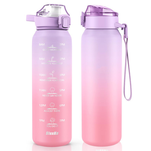 SLUXKE Stainless Steel Insulated Water Bottle - 1L Double Wall with Time Marker, BPA Free, 1000ml Metal Bottle for Outdoor, Working, School - Purple Pink