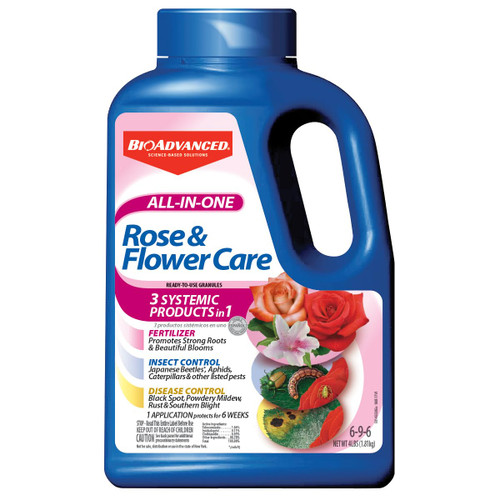 BioAdvanced All-In-One Rose and Flower Care Granules - Fertilizer, Insect Control & Disease Control - Prevents Pests and Diseases - Up to 6 Weeks Protection - Plant Food - 4 lb Bottle