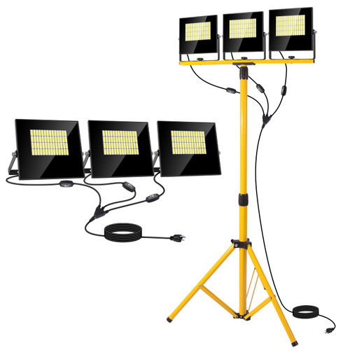 36000Lumen LED Work Lights with Stand - 3 Head Foldable Work Light on Stand with 16FT Cord - IP67 Waterproof Tripod Lights for Outdoor Indoor Job Site Workshop Garage Construction Tripod Lighting