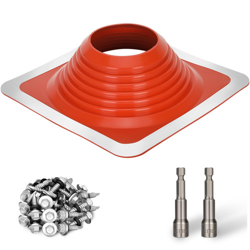 #8 Metal Roof Pipe Flashing Boot, Metal Roofing Pipe Flashing Boot Fits Pipe OD 7" to 13" Wide, Includes Flexible High Temp Silicone Chimney Boot, Hex Socket x2, Roofing Screw x50, Square Base, Red