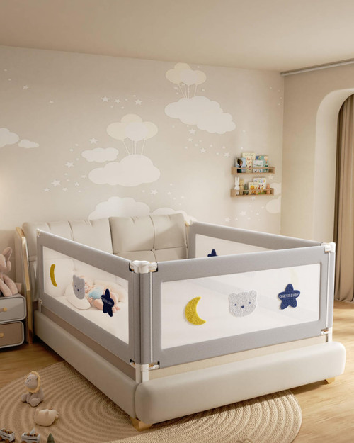 Baby Bed Rail Guard for Toddlers, Reinforced 60in Toddler Bed Rails for Queen Bed with Height Adjustable, Extral Tall Child Safety Side Railing Guards/Bedrail for Kids,Grey Star, 1 Side 54" Lx28” H