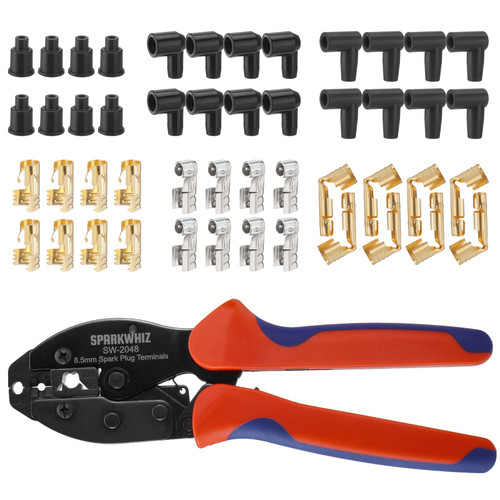 Ratchet Spark Plug Wire Crimping Tool Kit, 24PCS 180 Degree/90 Degree/Straight Spark Plug Coil Terminals & 24PCS Boots, Ratcheting Wire Crimper Diameter 8.5-8m