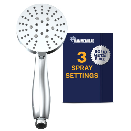 HammerHead Showers® Solid Metal 3-Spray Hand Held Shower Head, Chrome | Select from Wide, Massage, and Mist Sprays | 2.5 GPM High Flow Handheld Showerhead | Made from 304 Stainless Steel