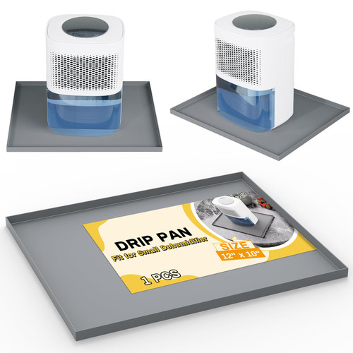 Powrocket Dehumidifier Drip Pan for Leaks, 12'' x 10'' Dehumidifier Mat with Raised Edge, Non-Slip Waterproof Drip Pan for Dehumidifiers, Prevent Water Leakage and Floor Damage, Gray