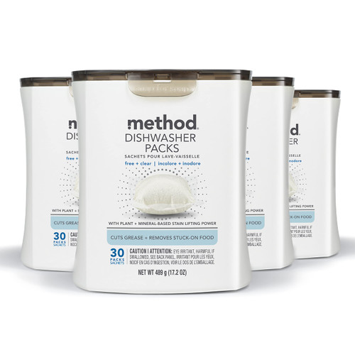 Method Dishwasher Detergent Packs, Fragrance Free + Clear, Dishwashing Rinse Aid to Lift Tough Grease and Stains, 30 Dishwasher Tabs per Package, (Pack of 4)