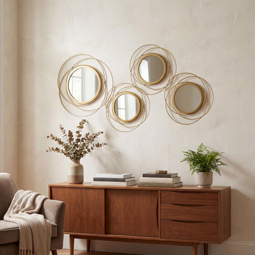 sxnzequnze 4 Piece Gold Round Wall Mirror Set Modern Metal Circle Home Decor for Living Room Bedroom Entryway 11/9 in Decorative Mirrors Minimalist Wall Art for Home