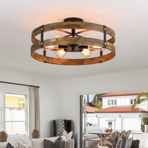6-Light Large Rustic Farmhouse Wood Flush Mount Ceiling Light Fixture 20 inch Oak Wood and Metal Round Drum Semi Flush Mount Ceiling Light for Hallway Entry Farmhouse Bedroom Living Room, Black