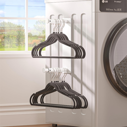 Mzzelry Hanger Organizer Stacker, Magnetic Hanger Holder for Laundry Room, Retractable Clothes Hanger Storage Rack Fits Washing Machine and Dryer, Holds Up to 50 Multi-Type Hangers (White)