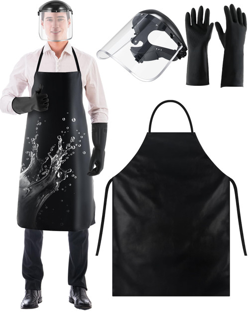 ElectricWise 3 Pack Safety Face Mask Shield with 42.5" Waterproof Rubber Apron Gloves for Men Chemical Grinding Cleaning Industrial (Black)