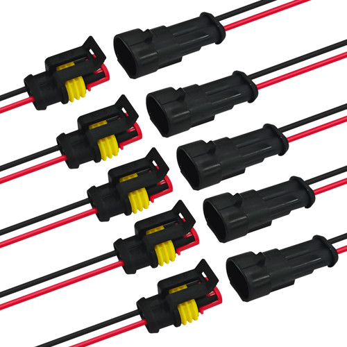 QQWD 2 Pin 18 AWG Waterproof Electrical Wire Connector Kit, Push-in Quick Wire Connector with Male/Female Plugs & 10cm Pigtails, 1.5mm Series Terminal Plug for Car, Truck, Boat (5 Pack)