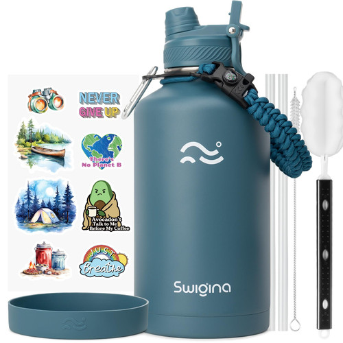 Swigina 64 oz Insulated Water Bottle with Silicone Boot (48hrs Cold/24hrs Hot) - DIY Stickers, Leakproof, BPA Free, Half Gallon [2-IN-1 LID